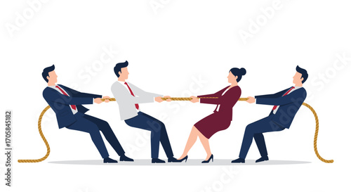 Business team tug of war concept featuring professional colleagues in competition
