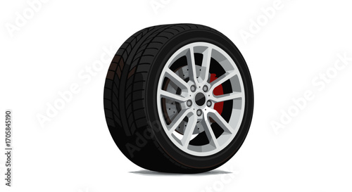 Realistic 3d car tire with alloy wheel on white background