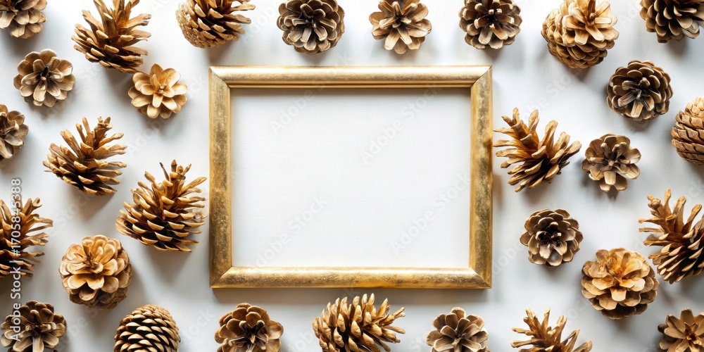 Fototapeta premium Golden Pine Cones Surround a Gilded Frame on White Background for Festive Design
