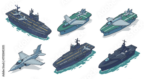 Isometric naval aircraft carriers and jets collection for military design
