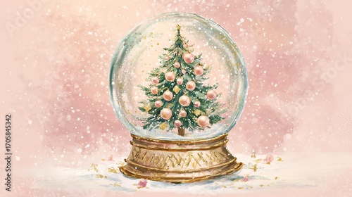 Watercolor Christmas Snow Globe with Shimmering Tree