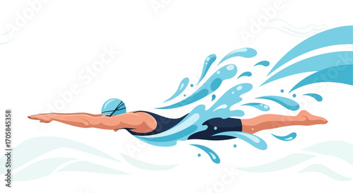 Athlete Swimming Freestyle Fast In Water With Water Splashes With Attractive View