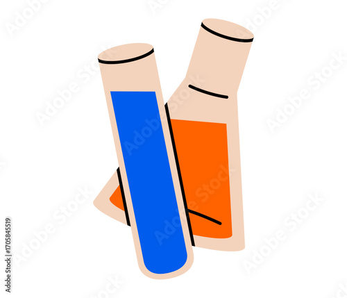 Hand drawn cute illustration test tube and flask. Flat vector laboratory experiment glass with chemical agent doodle. Creative and science. Education or study sticker, icon. Back to school. Isolated.