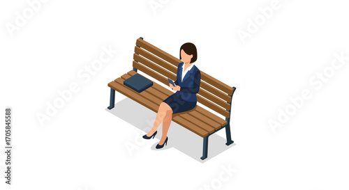 Businesswoman on a park bench checking her phone in isometric style