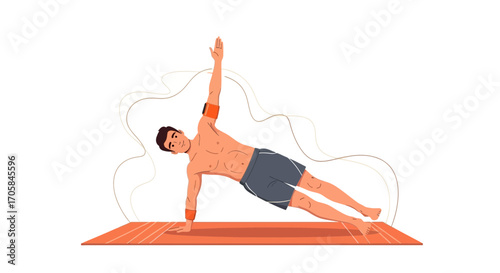 Athletic Male Balancing Performing Side Plank Exercise On Yoga Mat For Health And Wellbeing