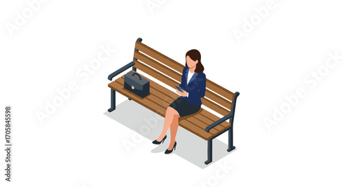Isometric illustration of a woman sitting on a park bench with a briefcase