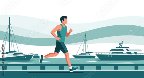 Athletic Man Running Near Harbor Yachts Depicting Health and Leisure Activities