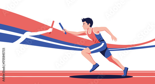 Athletic Race Runner Passing Baton to Teammate in Full Speed, Relay Event Competition