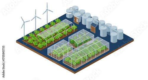 Isometric sustainable farm with greenhouses, wind turbines, and water tanks