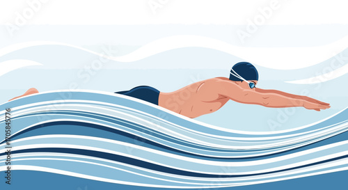 Athletic Swimmer Gliding Through Water with Speed and Effort During Competition