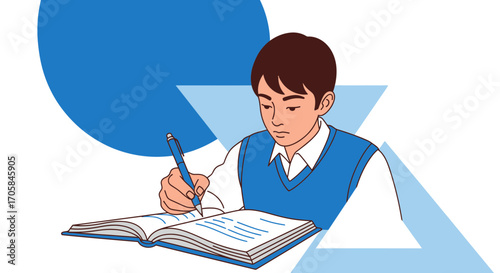 Authoritative Young Student Engaged in Academic Writing in a Modern Simplified Illustration