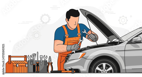 Automotive Mechanic Inspecting Car Engine Repair Maintenance And Checkup Service Illustration