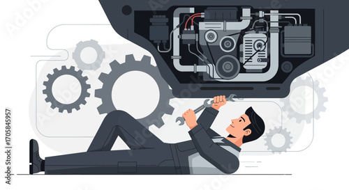 Automotive Mechanic Repairing Car Engine, Servicing Vehicle Illustration, Mechanical Technician.