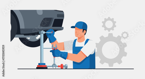 Automotive Mechanic Repairing Vehicle With Wrenches And Car Lift For Illustration