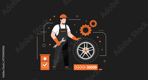 Automotive Mechanic Servicing a Wheel With Orange Safety Gear And Tools