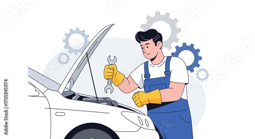 Automotive Mechanic Inspecting Car Engine with a Wrench Illustrating Maintenance and Repair