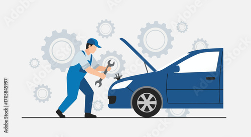 Automotive Mechanic Repairs Vehicle Engine In Illustrative Flat Design Style In Workshop
