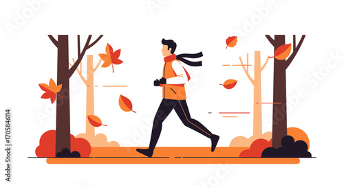 Autumn Runner Joyfully Exercising Amidst Fall Leaves and Trees in a Scenic Landscape