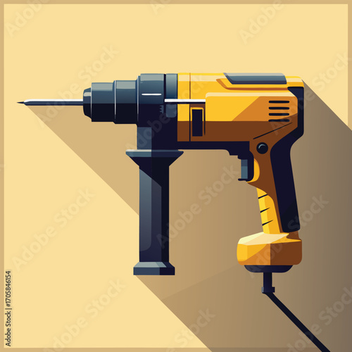 Yellow and black rotary hammer drill with long shadow on beige background