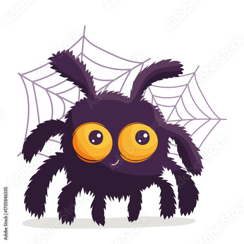 Vector fluffy spider with big yellow eyes and cobweb. Ideal for Halloween cards, stickers, posters, invitations and party decor, kids projects
