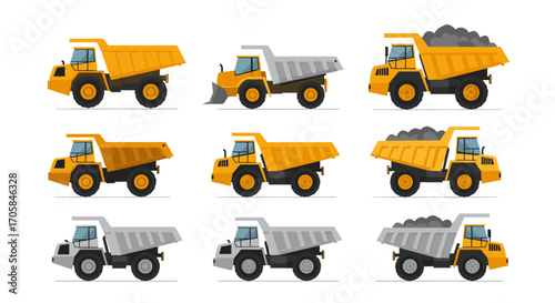 Set of colorful dump trucks in various angles and cargo states