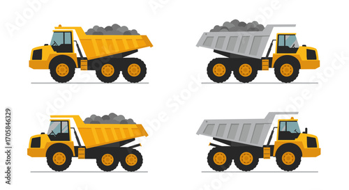 Dump trucks in flat design with side and rear views on white background