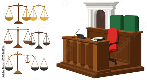 Courtroom elements with scales of justice and judge's bench in flat design
