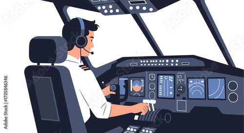 Aviation Illustration Showing a Pilot at Work in the Airplane Cockpit During Flight
