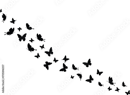 Butterfly swarm silhouette flying in diagonal downward pattern, elegant insect vector design, black butterflies group, decorative wildlife illustration, flying butterfly artwork