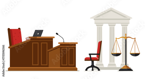 Courtroom elements: judge's bench, scales of justice, pillars, and chair