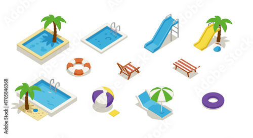 Isometric poolside fun set with slides, palm trees, and summer essentials