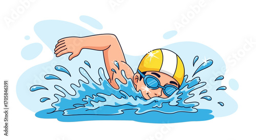Cartoon Swimmer Gliding Through Water With Energetic Movements While Sports Training