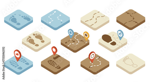 Isometric footprint icons with navigation pins on colorful tiles