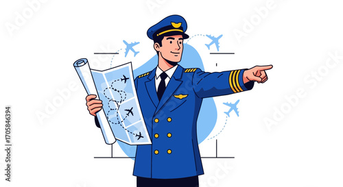 Aviation Professional Guiding Flight Path With Route Map and Aeroplanes Illustration