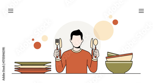 Awaiting Culinary Adventure With Cutlery, Plates, And Bowls Illustration