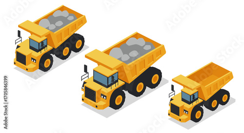 Isometric construction dump trucks with rock load in multiple angles