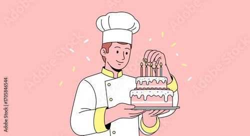 Baker Crafts a Delightful Cake, Adding Lit Candles For a Celebratory Occasion