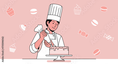 Baker Decorates Cake With Icing And Treats On A Soft Pink Background, Delicious Dessert