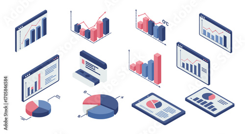 Isometric business analytics charts and graphs set for data analysis