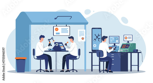 Collaborative robotics development: engineers designing advanced robotic solutions in a modern lab