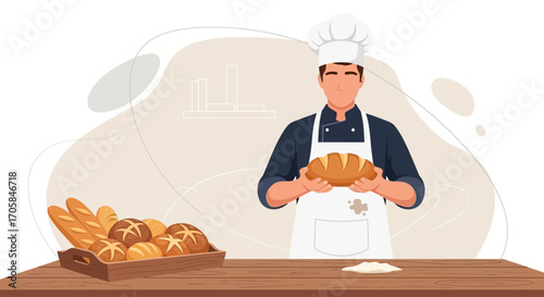 Baker Holding Freshly Baked Loaf Over A Wooden Table With Variety Of Bread Choices
