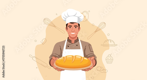 Baker Holds Freshly Baked Artisan Bread, Ready For Serving or Sale Presentation