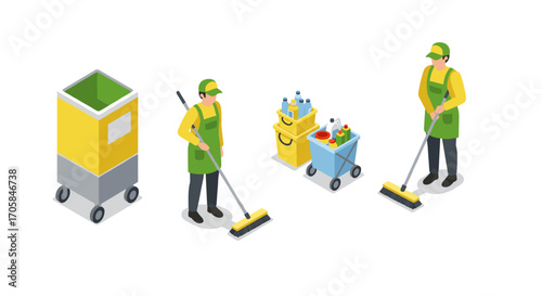 Isometric cleaning service workers with tools and equipment on white background