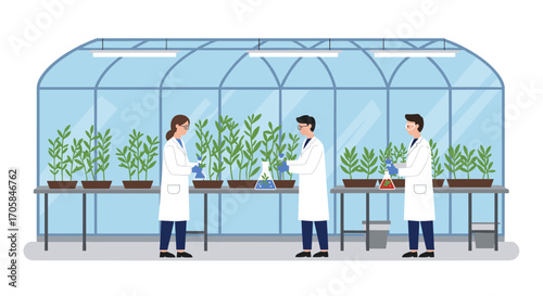 Scientists conducting experiments in a greenhouse laboratory with plants