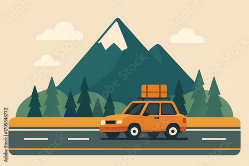 Road trip car mountain highway travel adventure illustration