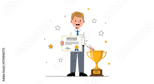 Celebrating Achievement: A Champion Holding a Certificate and Trophy with Joyful Expression