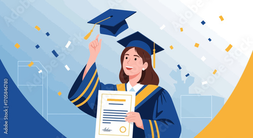 Celebrating Achievement: Young Graduate Smiling With Her Diploma and Cap in the Air