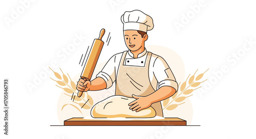 Baker Preparing Dough With Rolling Pin, Illustration Of Food Preparation And Baking Process
