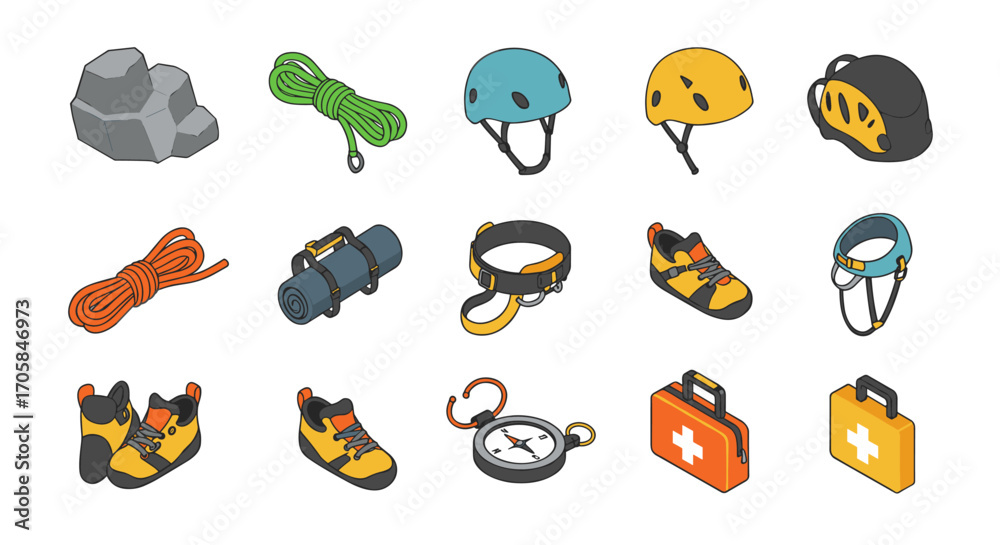 Naklejka premium Isometric outdoor adventure gear collection for rock climbing and safety