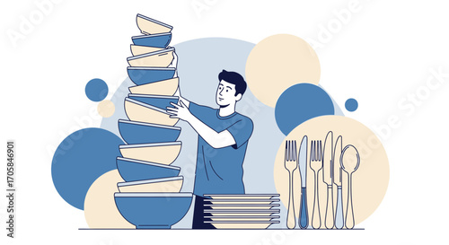 Balancing Act: A Man Carefully Stacking Bowls and Dishes in a Kitchen Setting